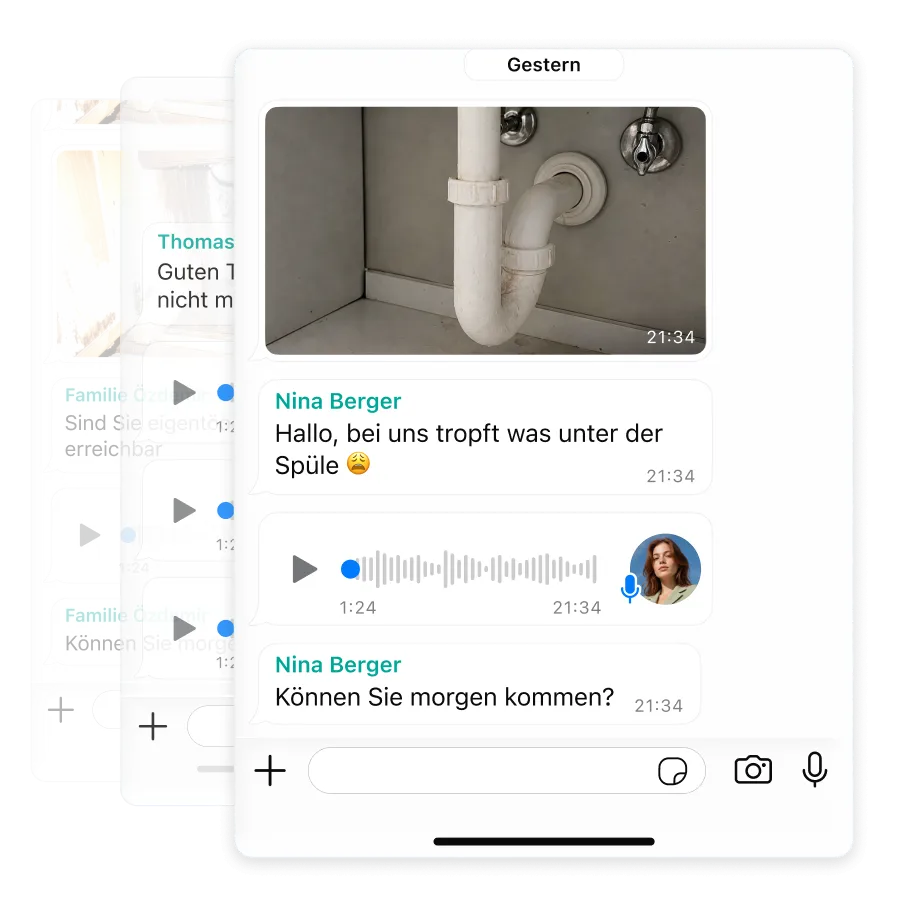 Messenger Chat mit einer unvollständigen Handwerkeranfrage: Foto unter der Spüle, Sprachnachricht und Terminfrage