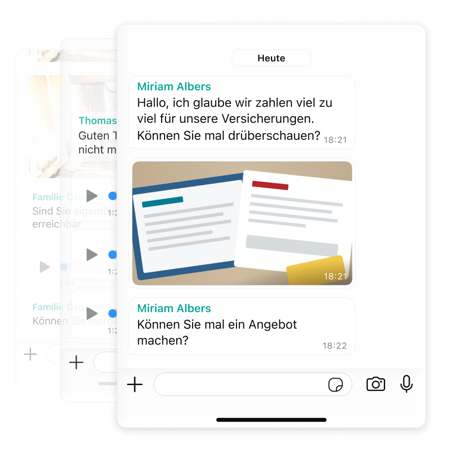 Messenger Chat mit einer unvollständigen Anfrage an ein Maklerbüro: Nachricht zu hohen Beiträgen und Foto von Vertragsunterlagen