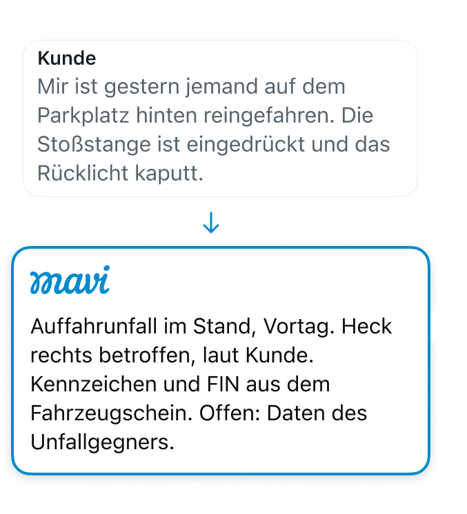 Kundentext und daraus geordnete Zusammenfassung